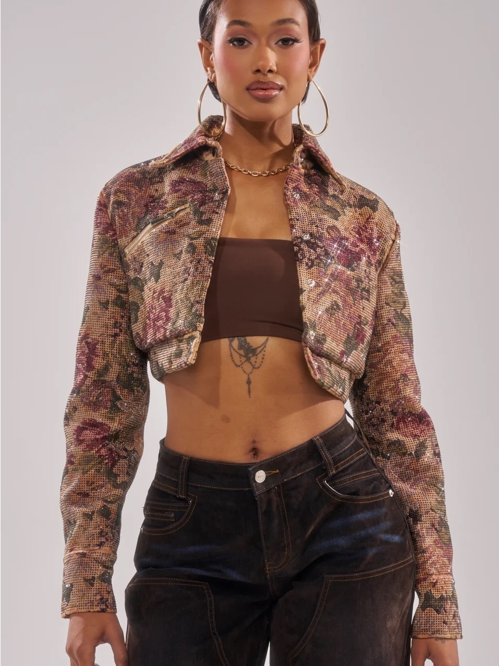 AKIRA Brown Multi Floral Sequin Cropped Jacket